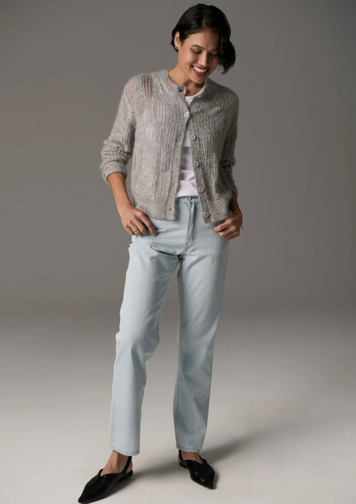 Pol Clothing Livia Cardigan Pointelle - Silver