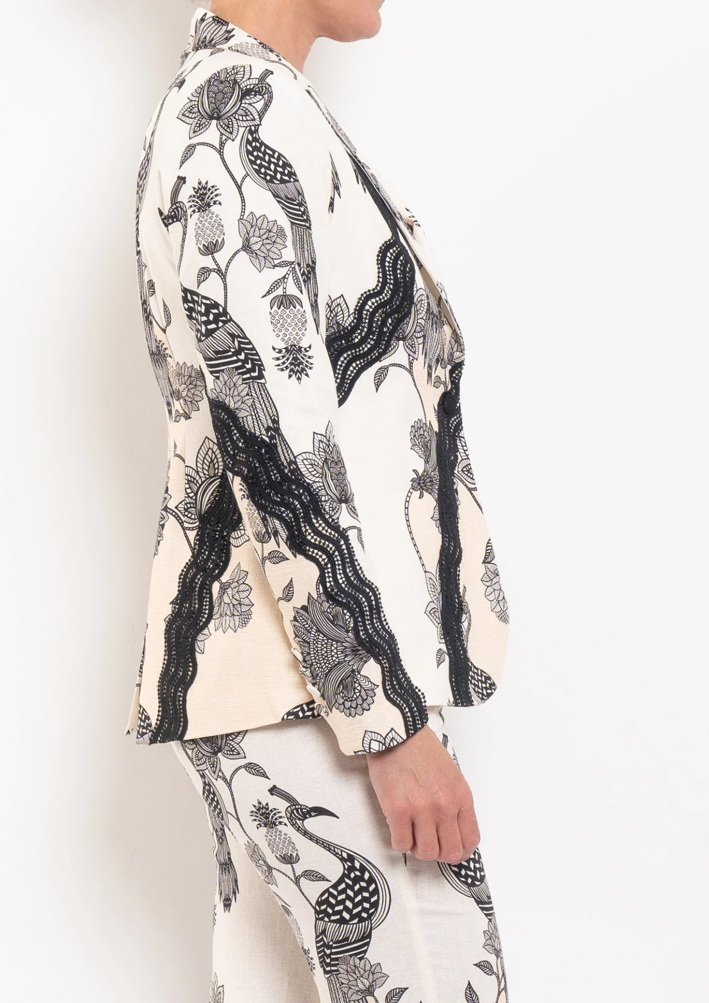 Once Was Leandro Contrast Lace Trim Linen Viscose Stretch Printed Blazer In Imperial Stone