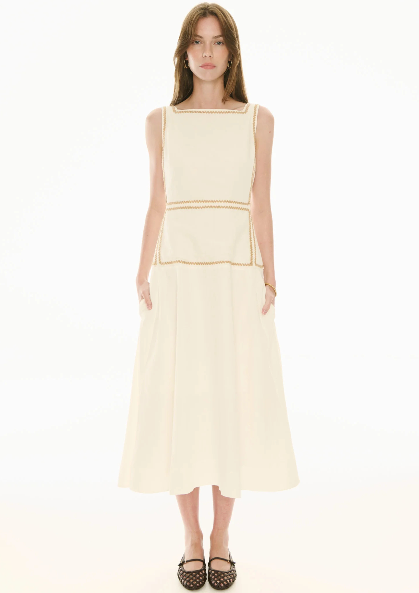 POL Clothing Marlin Raffia Trim Dress - Ivory