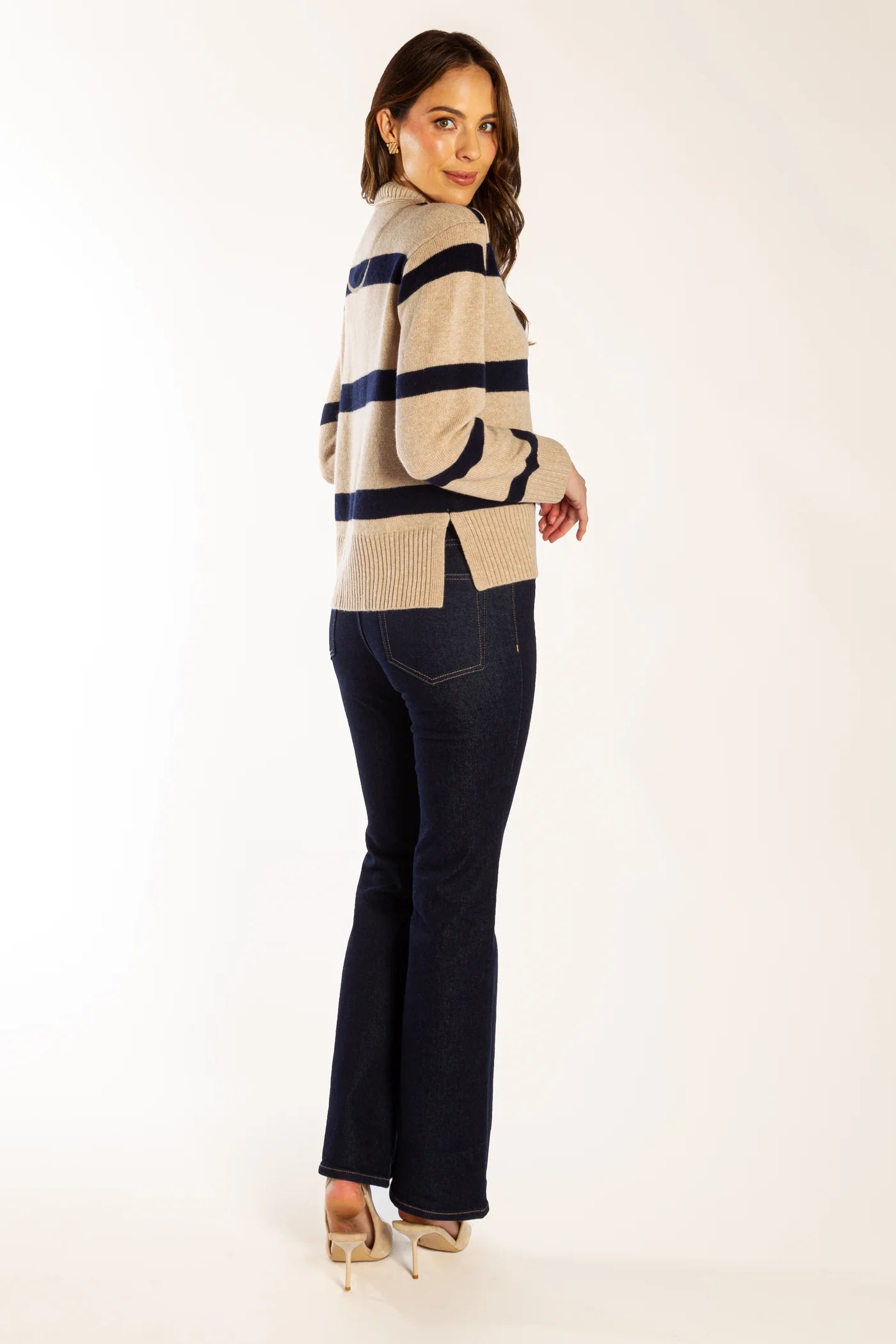Bow & Arrow Boxy Crew Neck - Latte/Navy Stripe