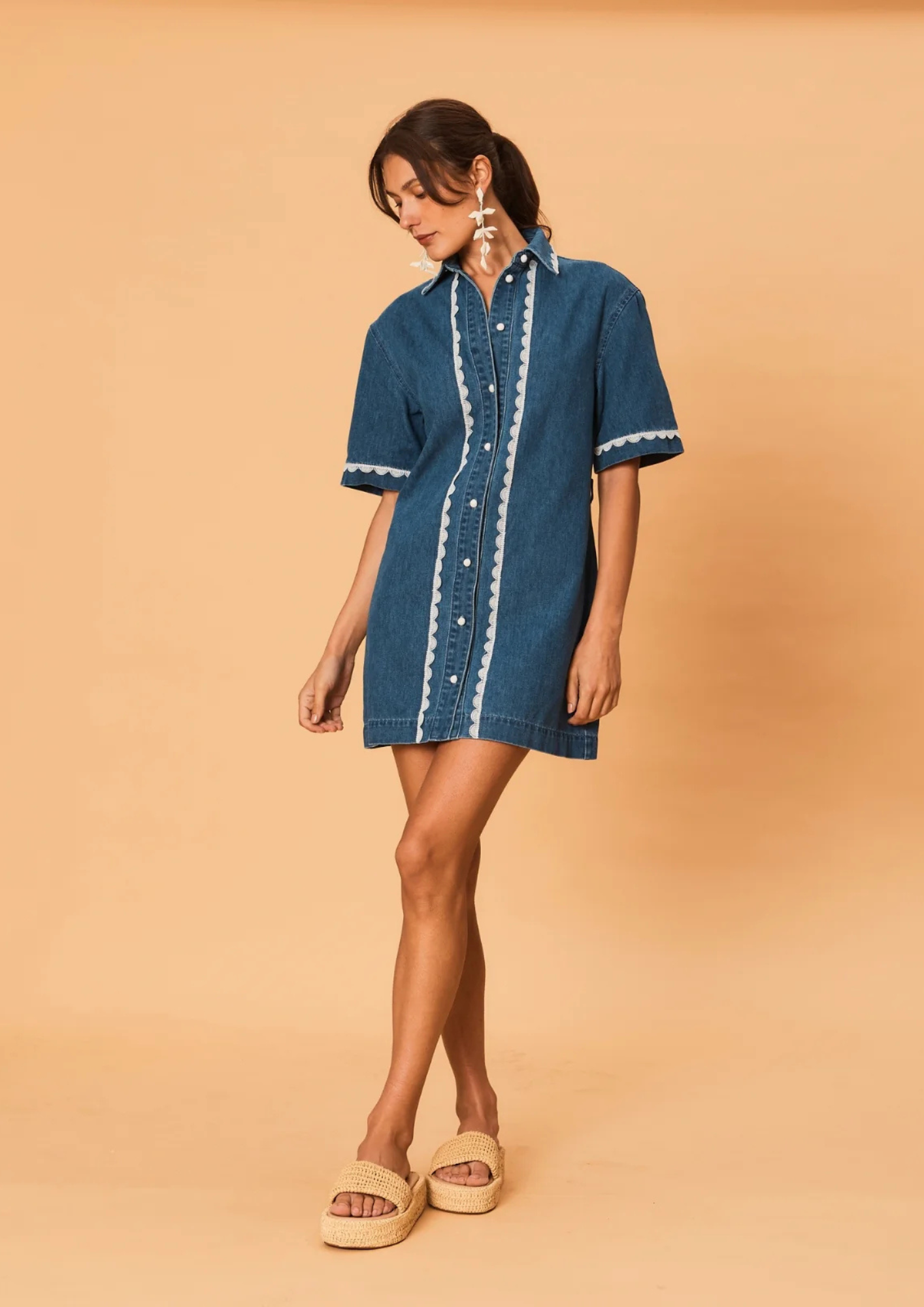La Maise Ellie Denim Mini Dress - Indigo Lace Trim