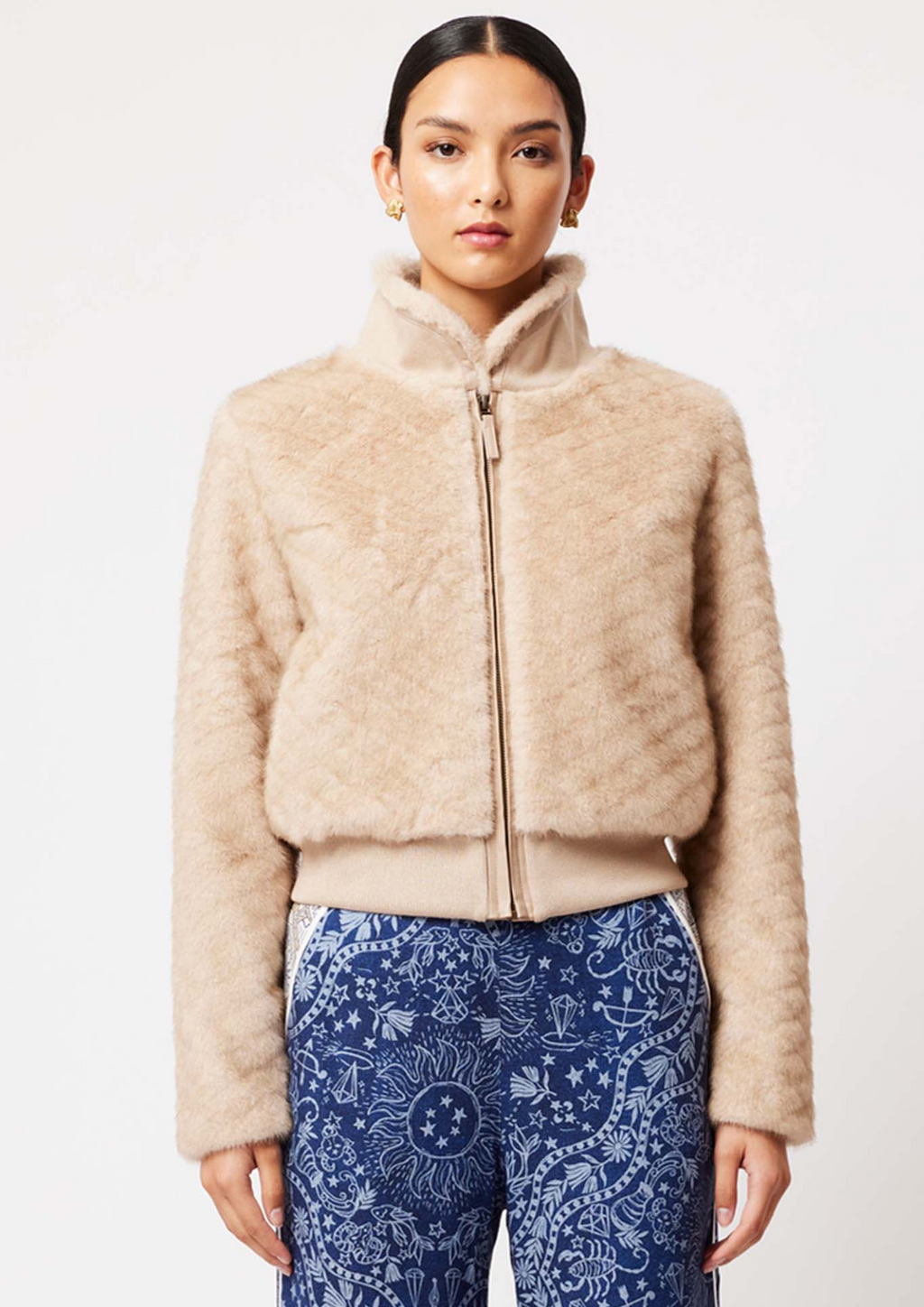 Once Was Stella Faux Fur Rib Collar Detail Bomber - Fawn
