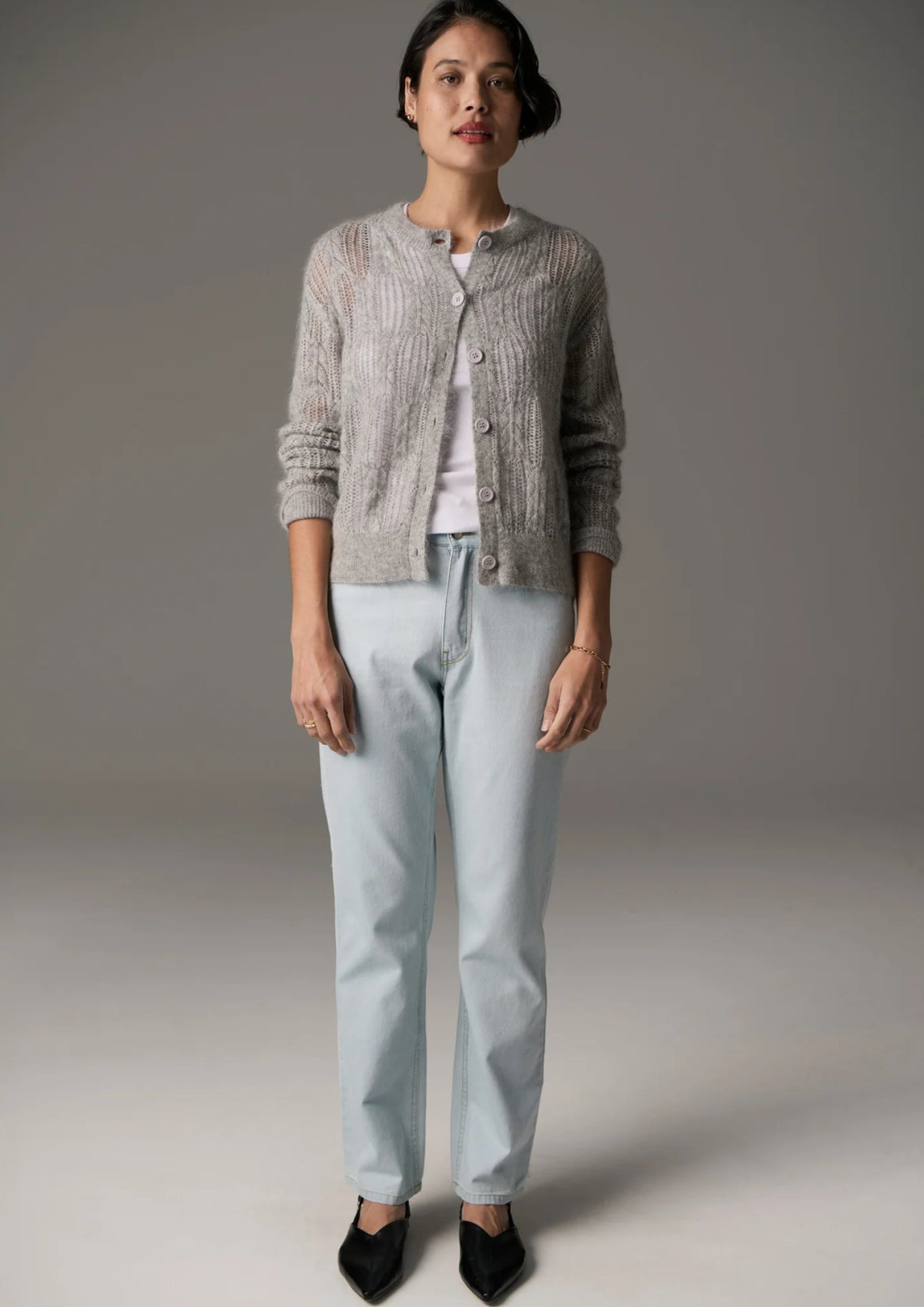 Pol Clothing Livia Cardigan Pointelle - Silver