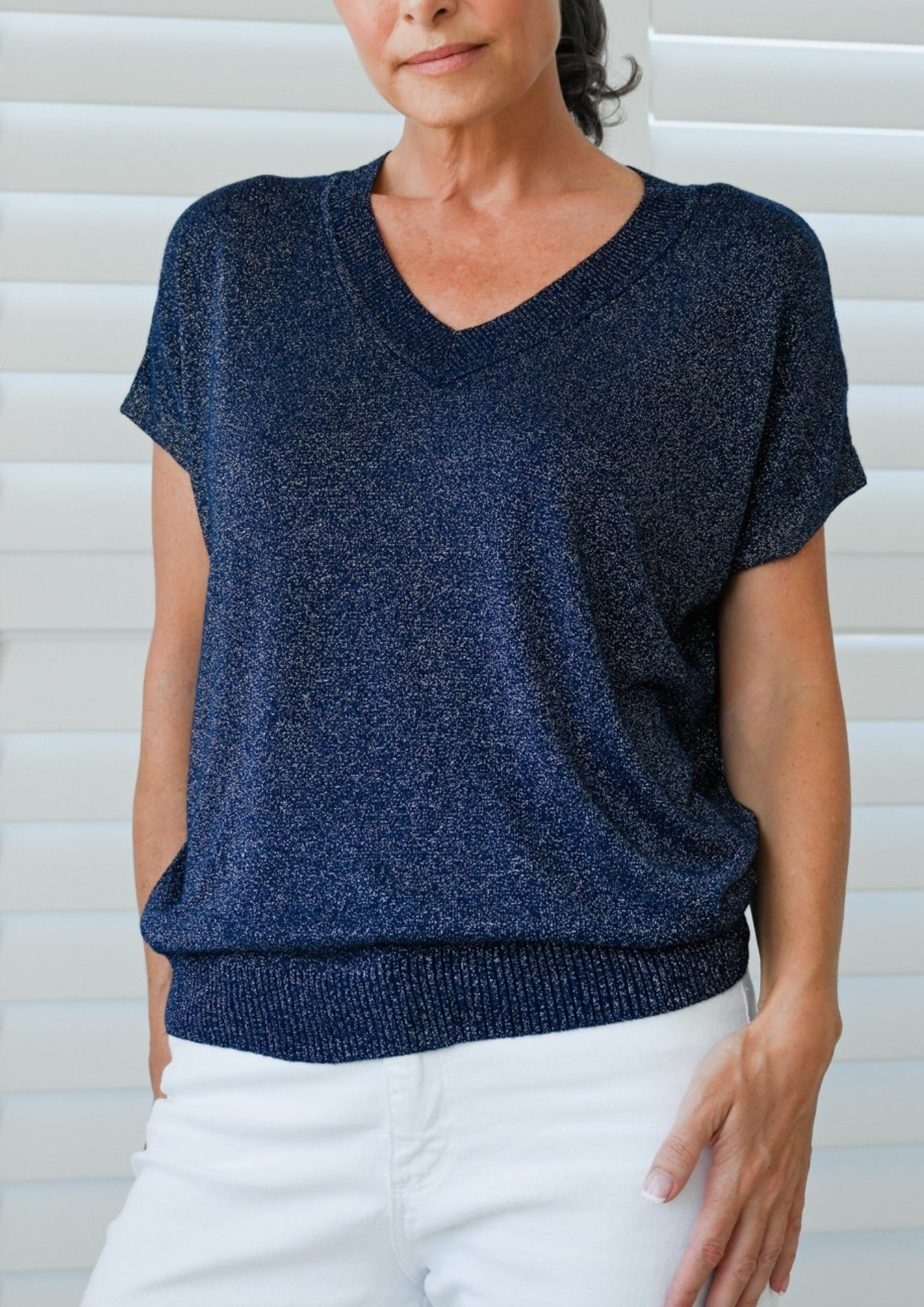 Frankie’s - Sparkle Navy V Neck Short Sleeve Top