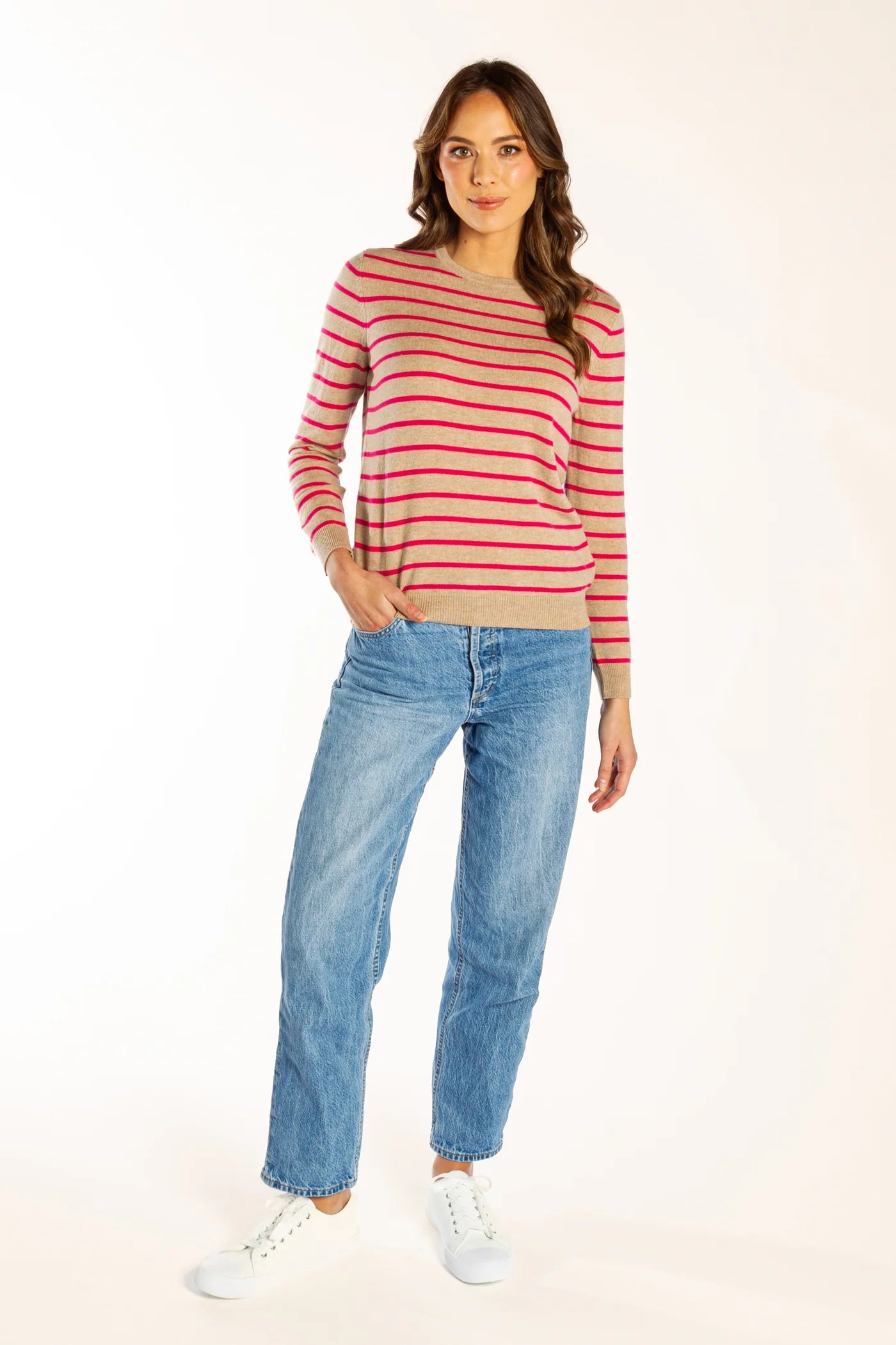 Bow & Arrow Breton Crew Knit - Latte/Pink