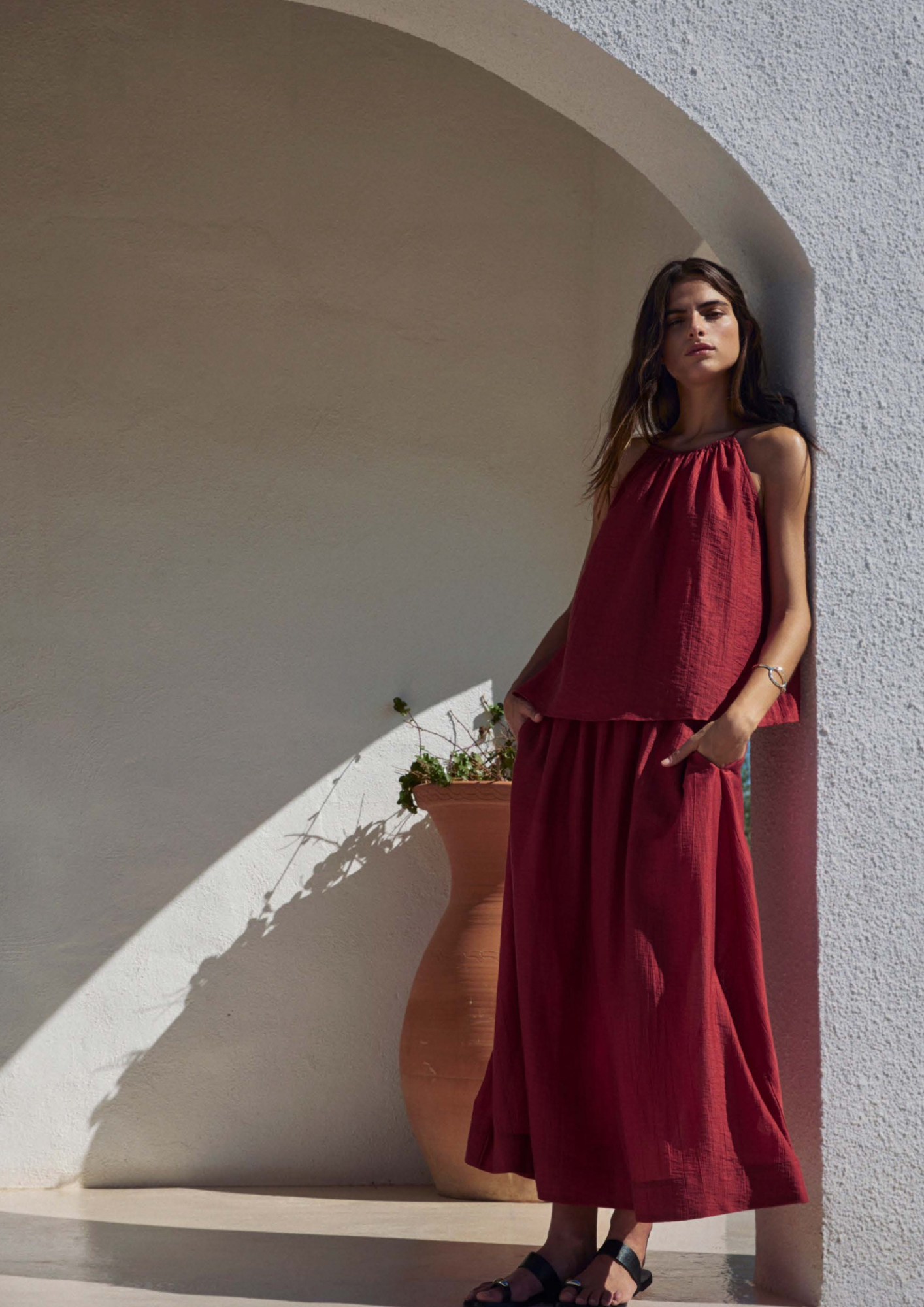 Yerse - Long Skirt With Elastic Waist - Dark Red