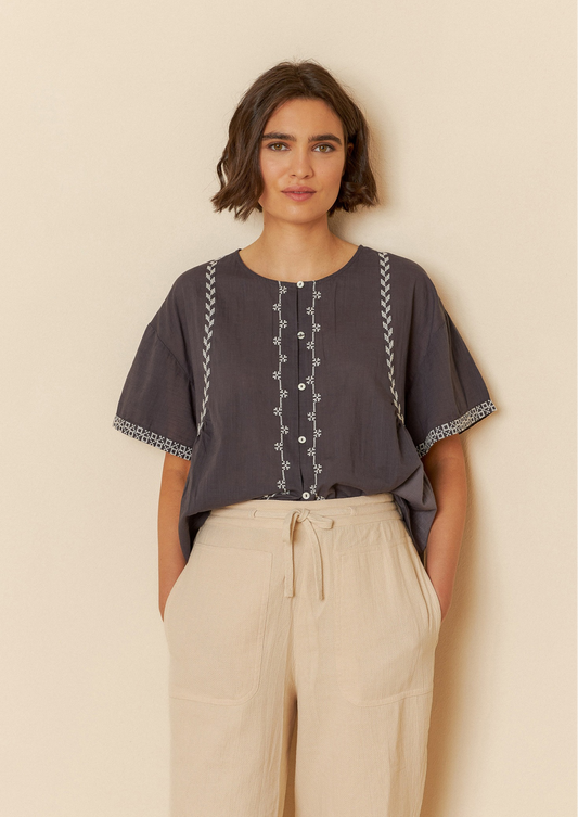 Indi & Cold Carbon Embroidered Trapeze Woven Shirt