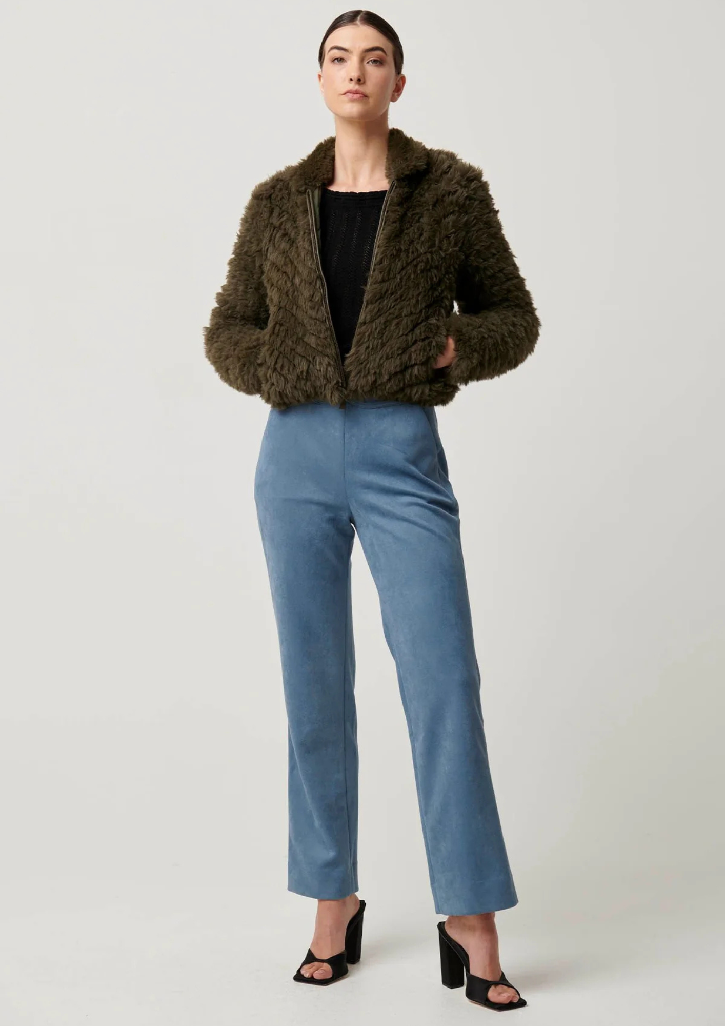 Once Was Sybil Chevron Faux Fur Rib Collar Bomber - Moss