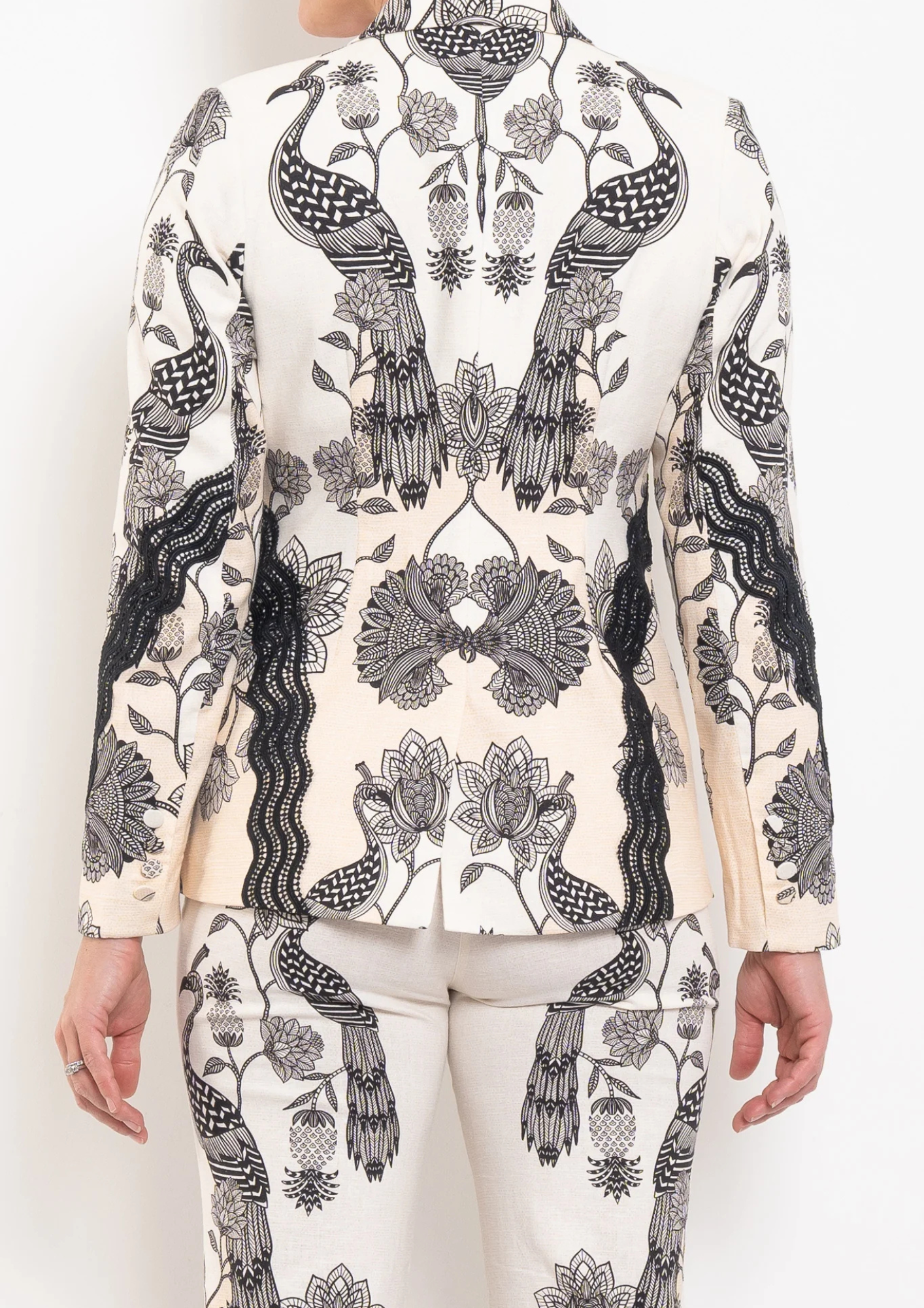 Once Was Leandro Contrast Lace Trim Linen Viscose Stretch Printed Blazer In Imperial Stone