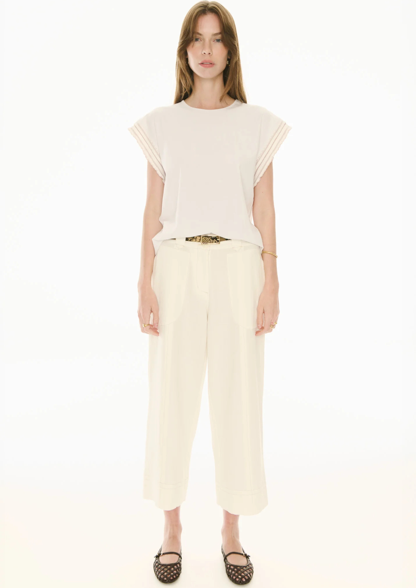 POL Clothing Orlo Tee Frill Sleeve - White