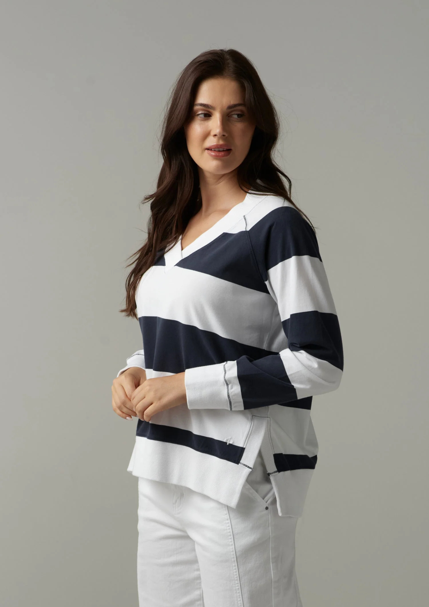Cloth Paper Scissors - C1841 White/Parisian Stripe V Neck Sweater
