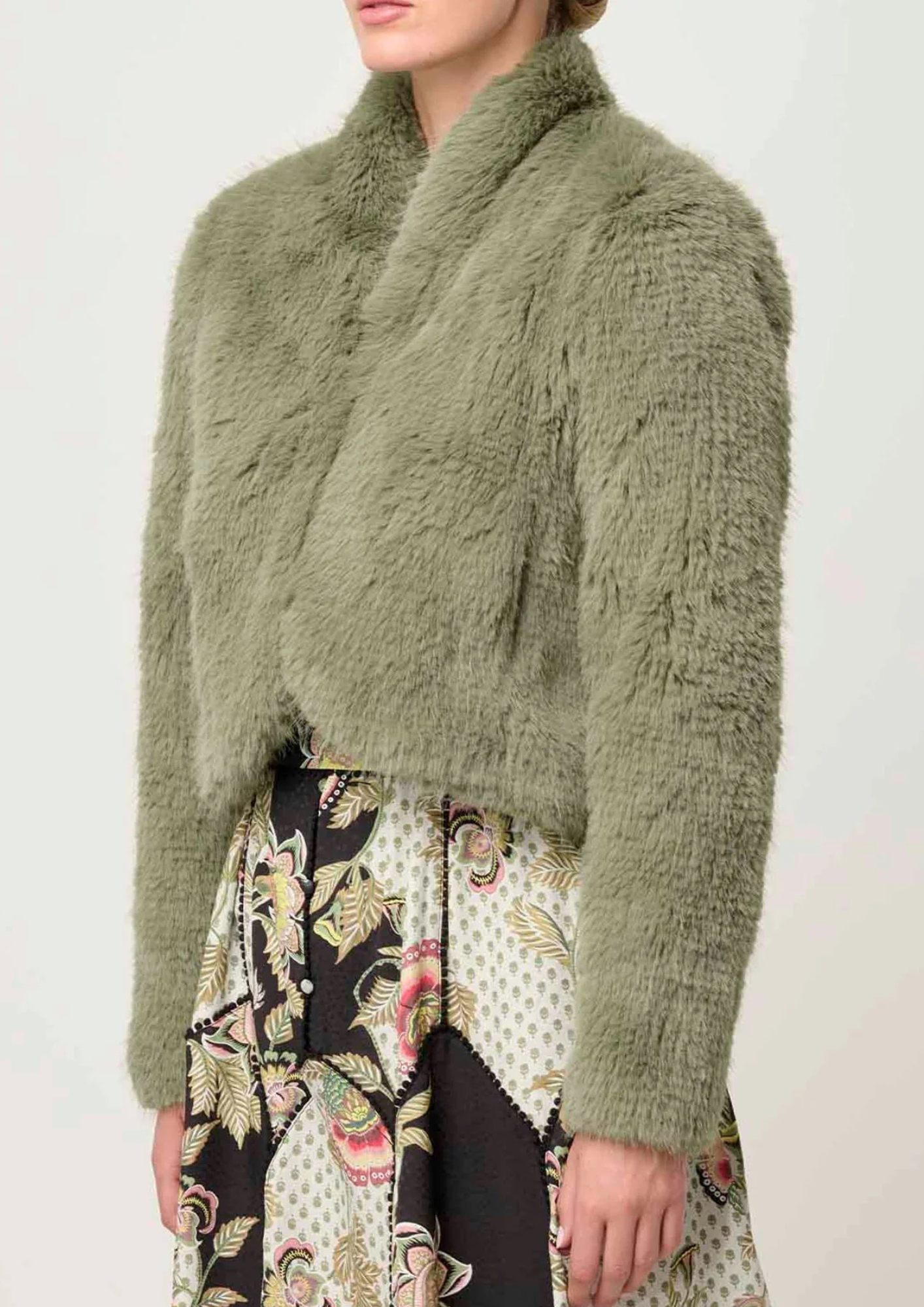 Once Was Reina Faux Fur Cropped Jacket - Jade Mist
