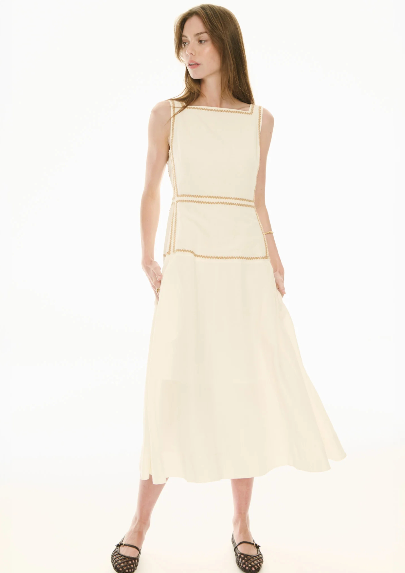 POL Clothing Marlin Raffia Trim Dress - Ivory
