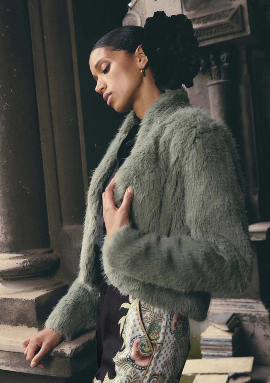 Once Was Reina Faux Fur Cropped Jacket - Jade Mist