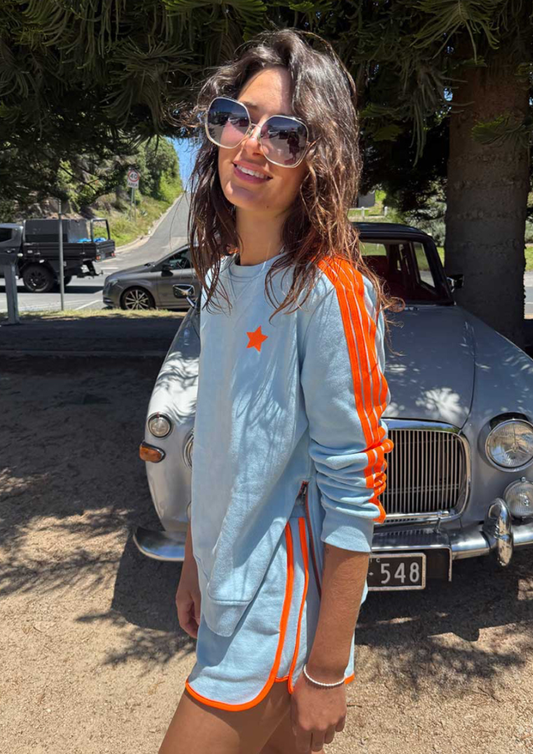 Sophie Moran Arm Stripe Sweatshirt - Baby Blue/Orange