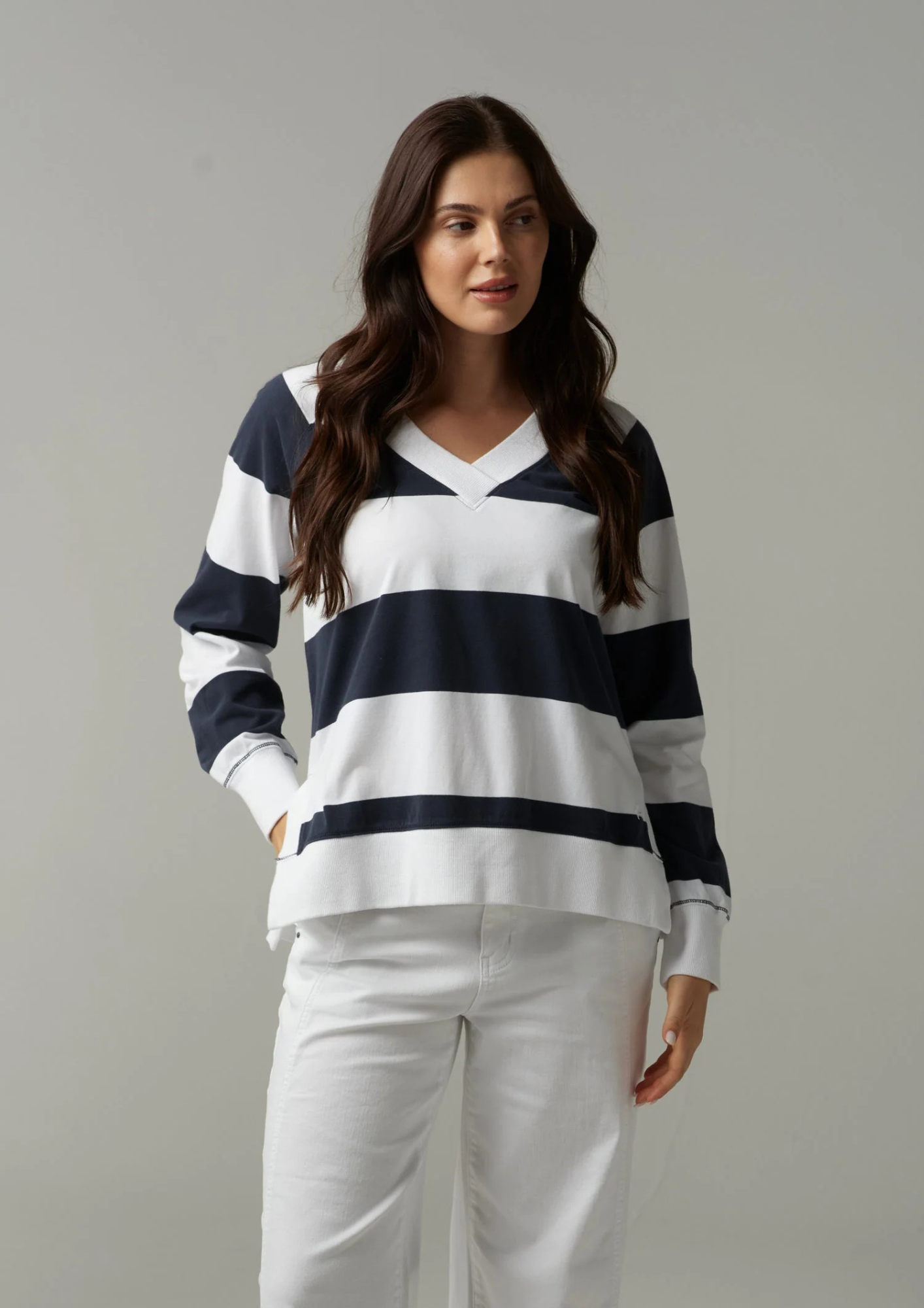 Cloth Paper Scissors - C1841 White/Parisian Stripe V Neck Sweater
