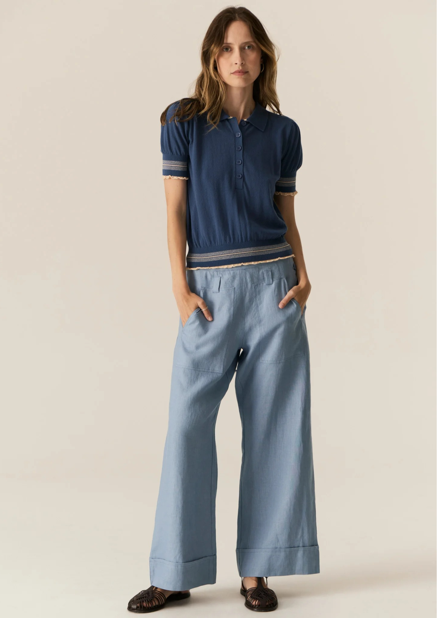 POL Lask Knit Polo - Blue/Ecru