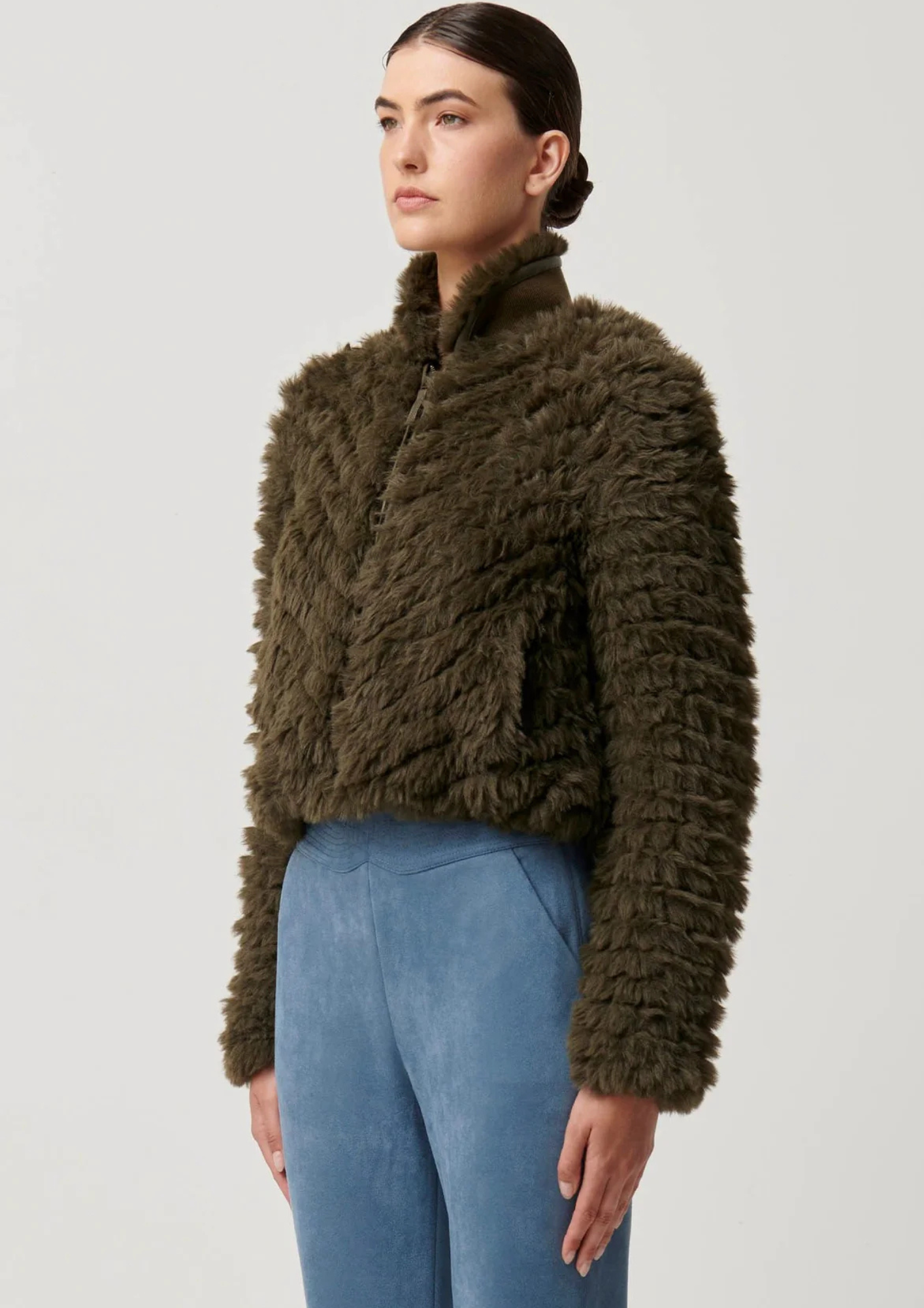 Once Was Sybil Chevron Faux Fur Rib Collar Bomber - Moss