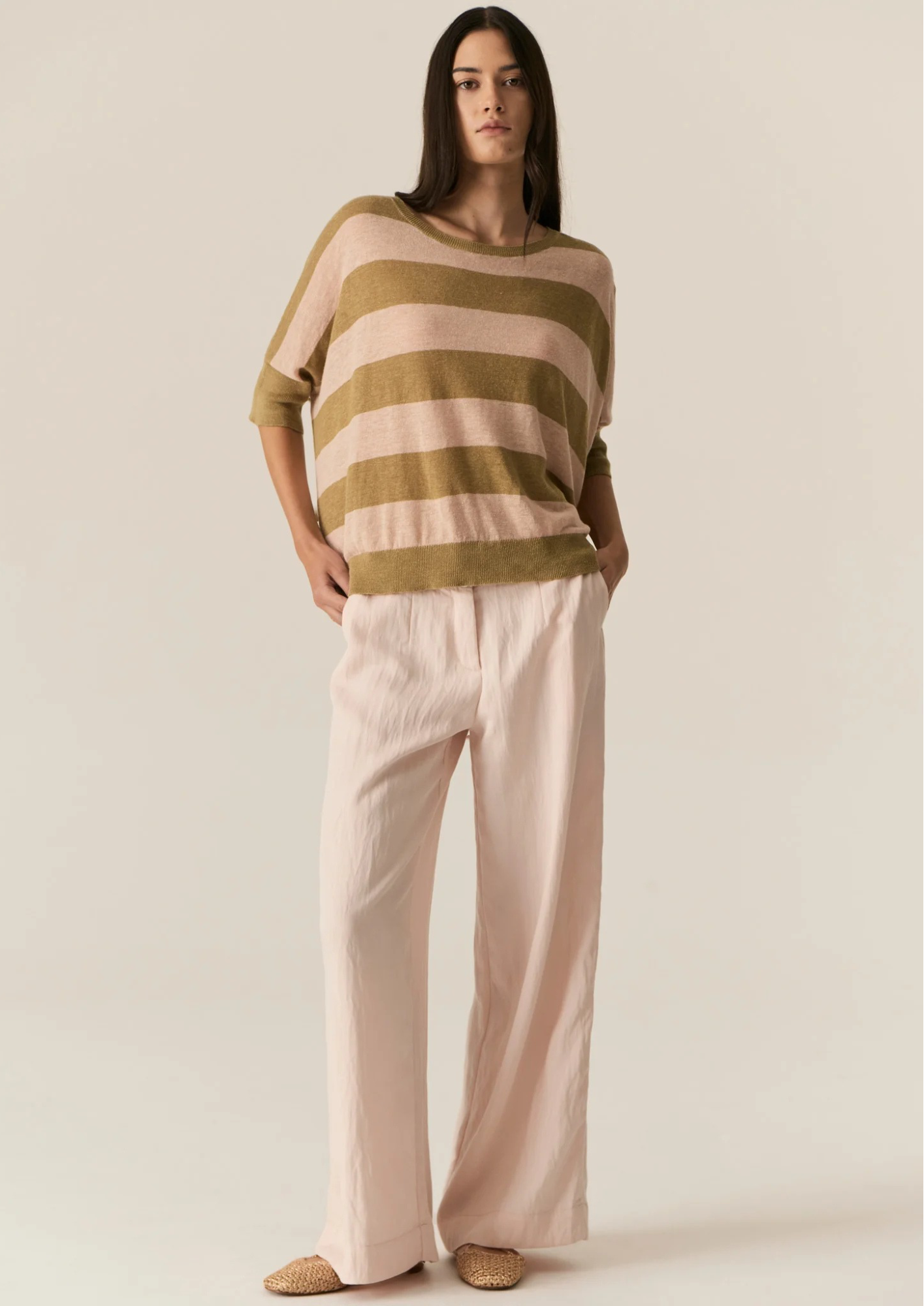 POL Milton Stripe Knit - Khaki/Pink