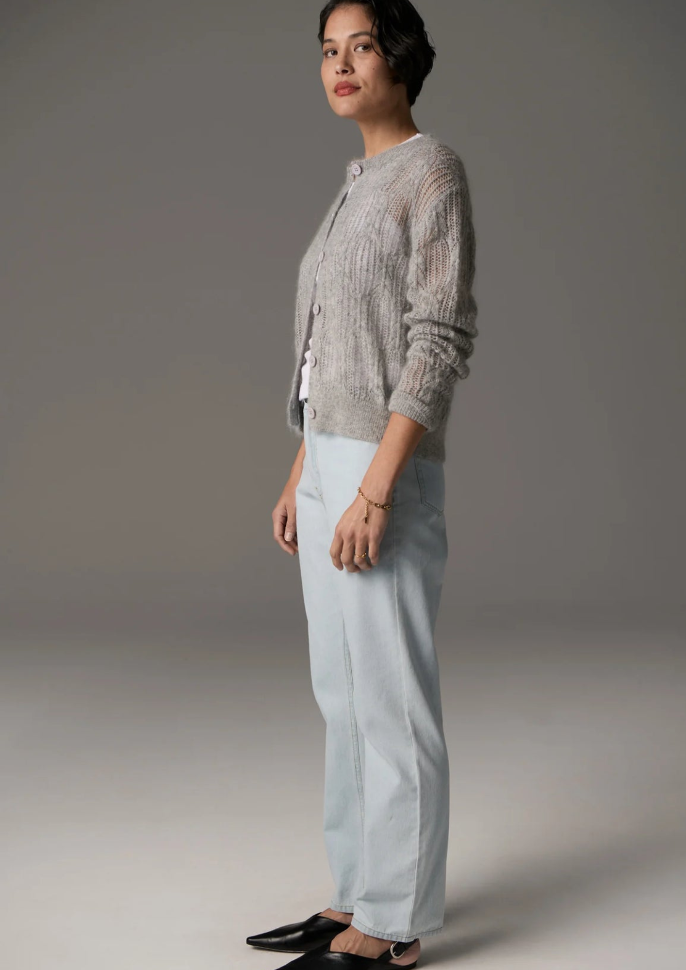 Pol Clothing Livia Cardigan Pointelle - Silver