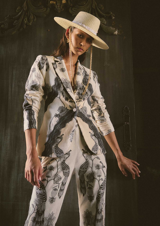 Once Was Leandro Contrast Lace Trim Linen Viscose Stretch Printed Blazer In Imperial Stone