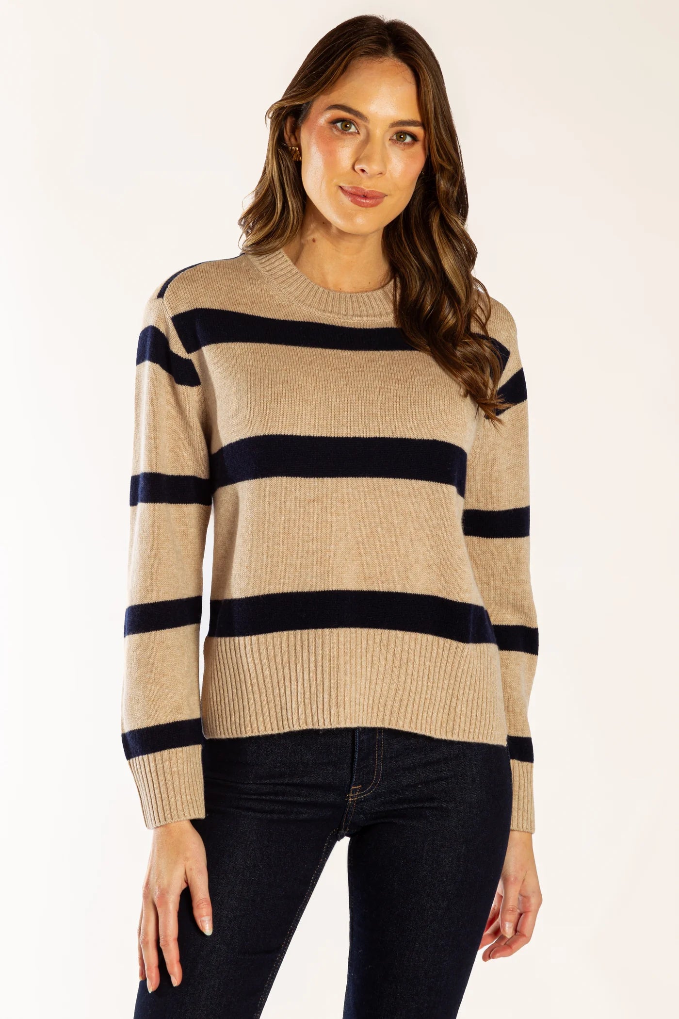 Bow & Arrow Boxy Crew Neck - Latte/Navy Stripe
