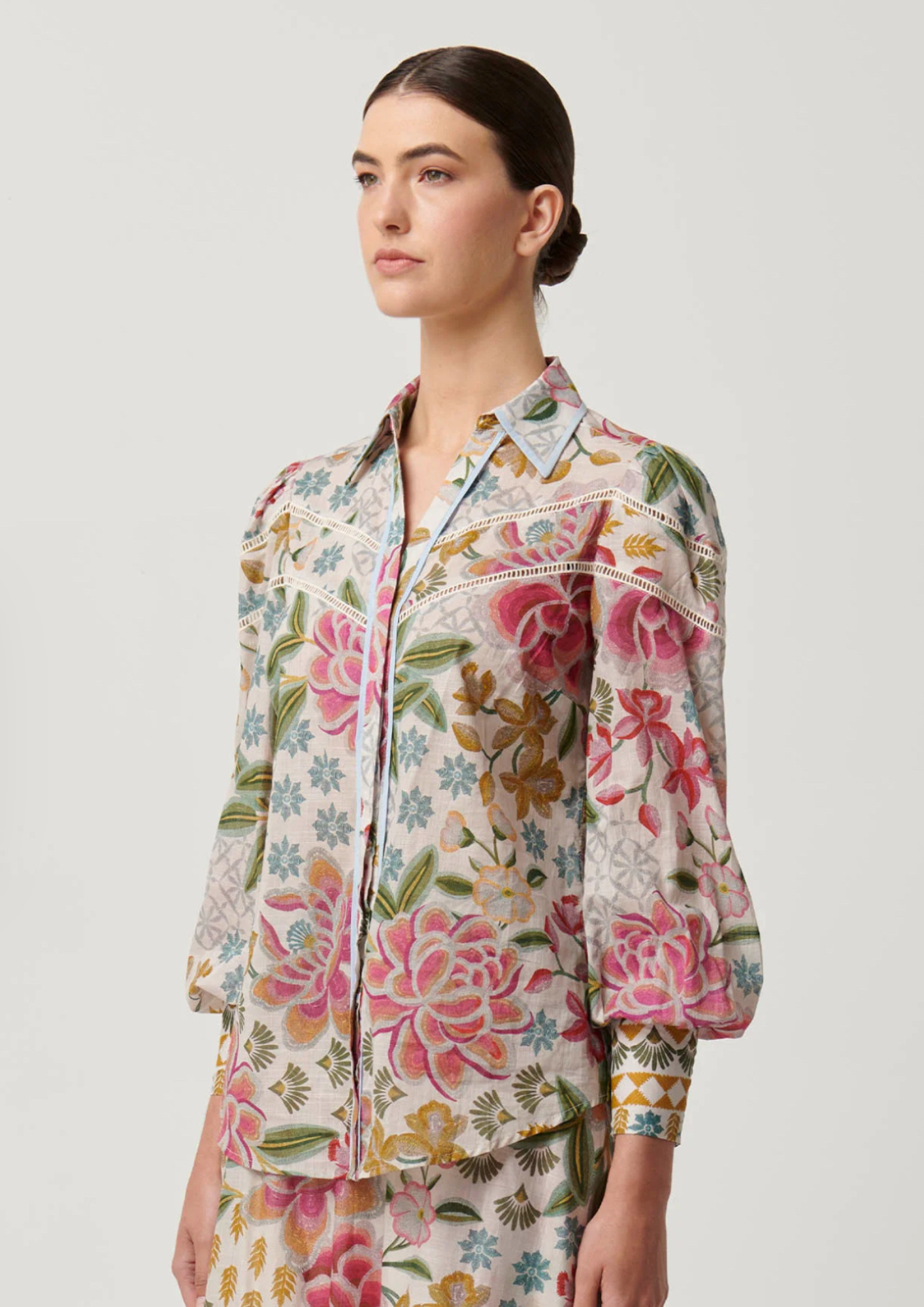 Once Was - Wren Lace Cotton Slub Shirt In Azalea Fields