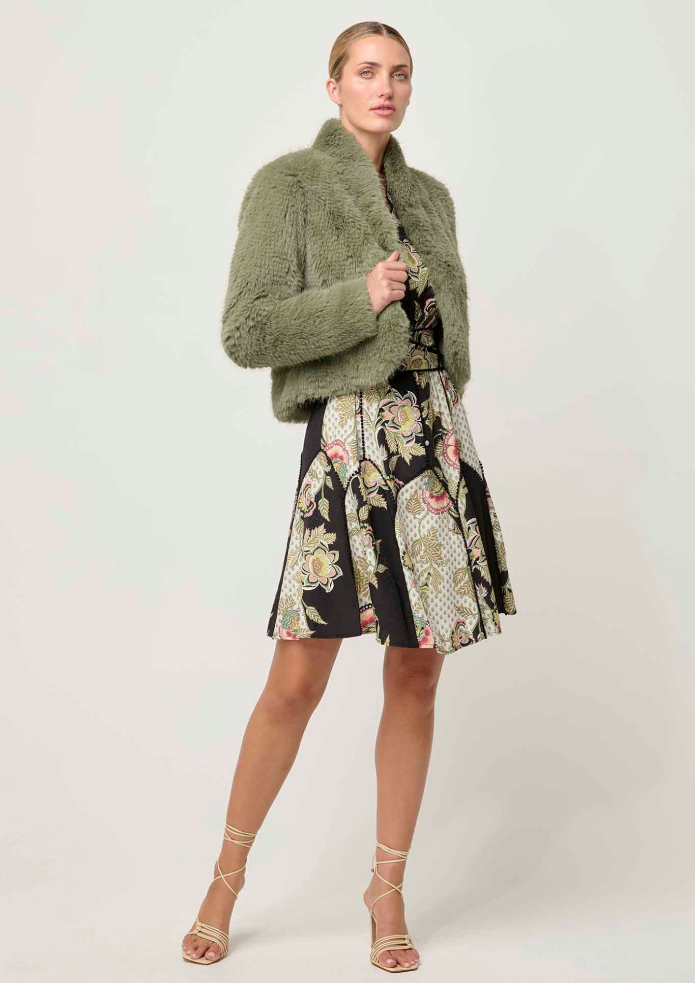Once Was Reina Faux Fur Cropped Jacket - Jade Mist