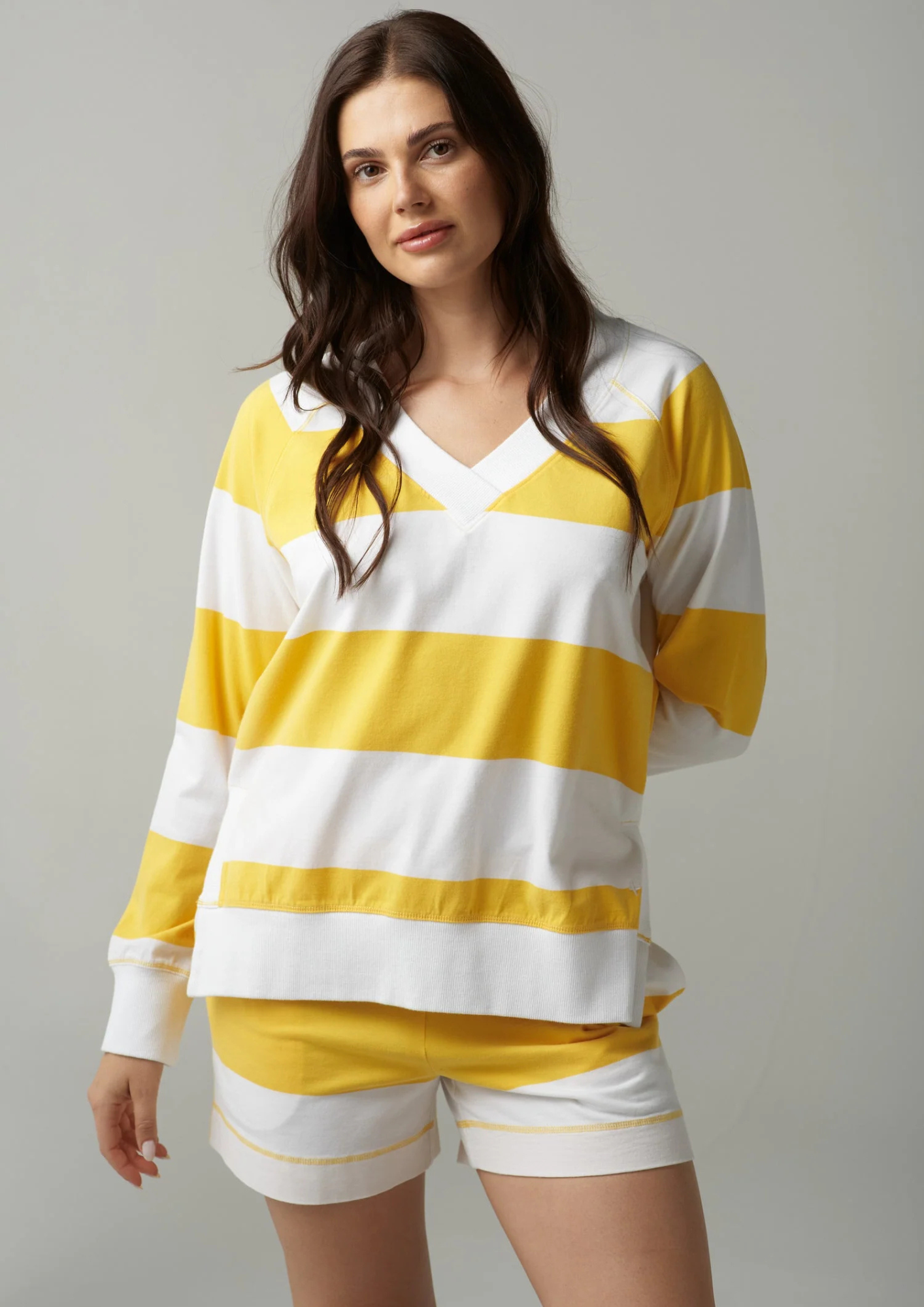 Cloth Paper Scissors - C1841 White/Daffodil Stripe V Neck Sweater