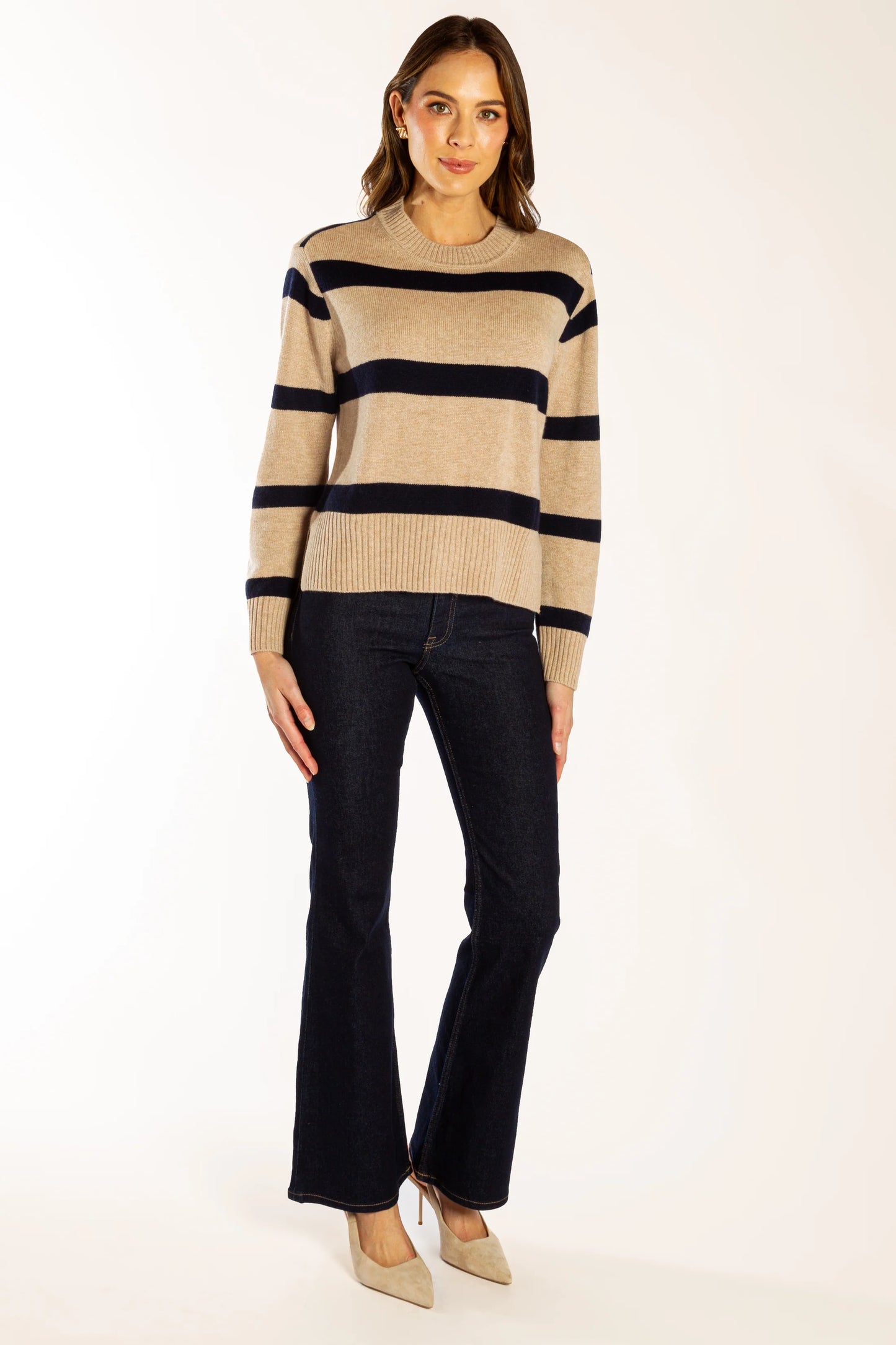 Bow & Arrow Boxy Crew Neck - Latte/Navy Stripe