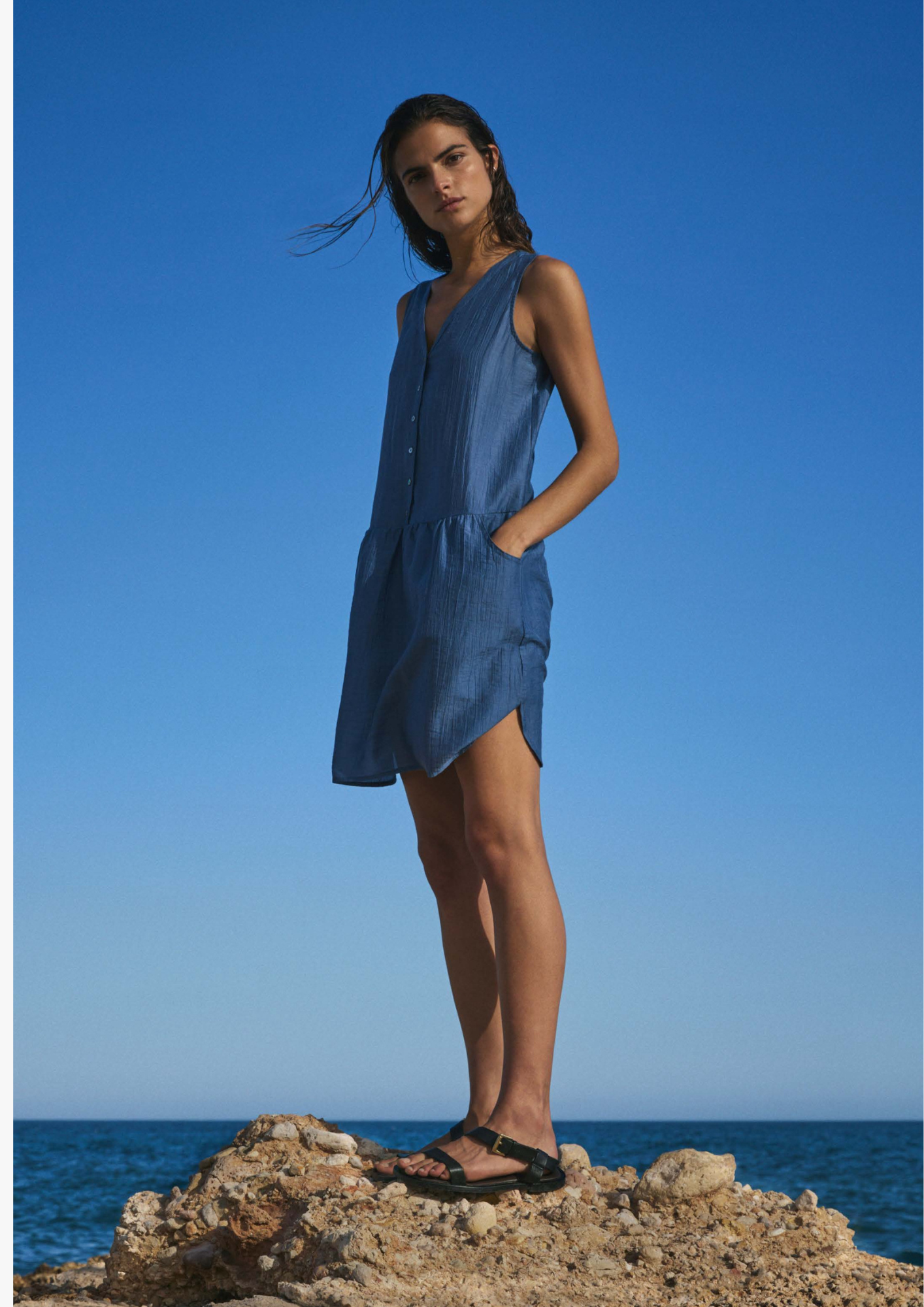 Yerse - V Neck Short Dress - Greyish Blue