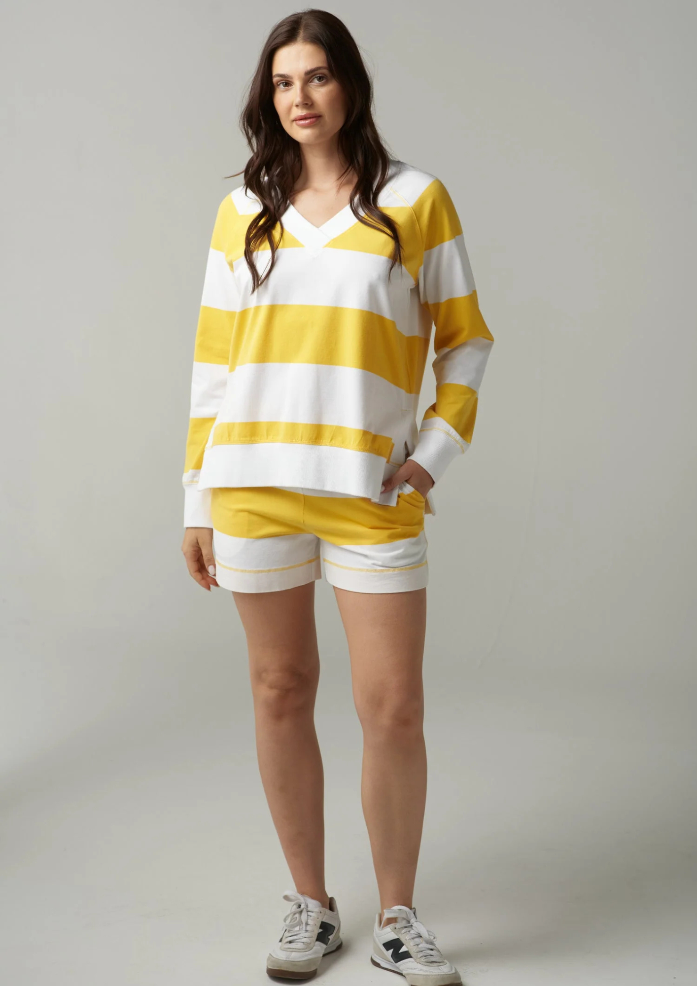 Cloth Paper Scissors - C1841 White/Daffodil Stripe V Neck Sweater