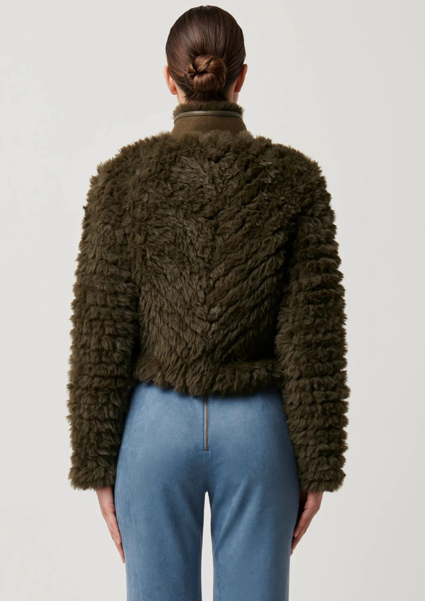 Once Was Sybil Chevron Faux Fur Rib Collar Bomber - Moss