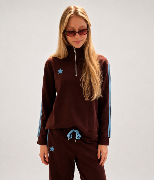 Sophie Moran  Funnel Neck Arm Stripe Sweatshirt Chocolate/Baby Blue
