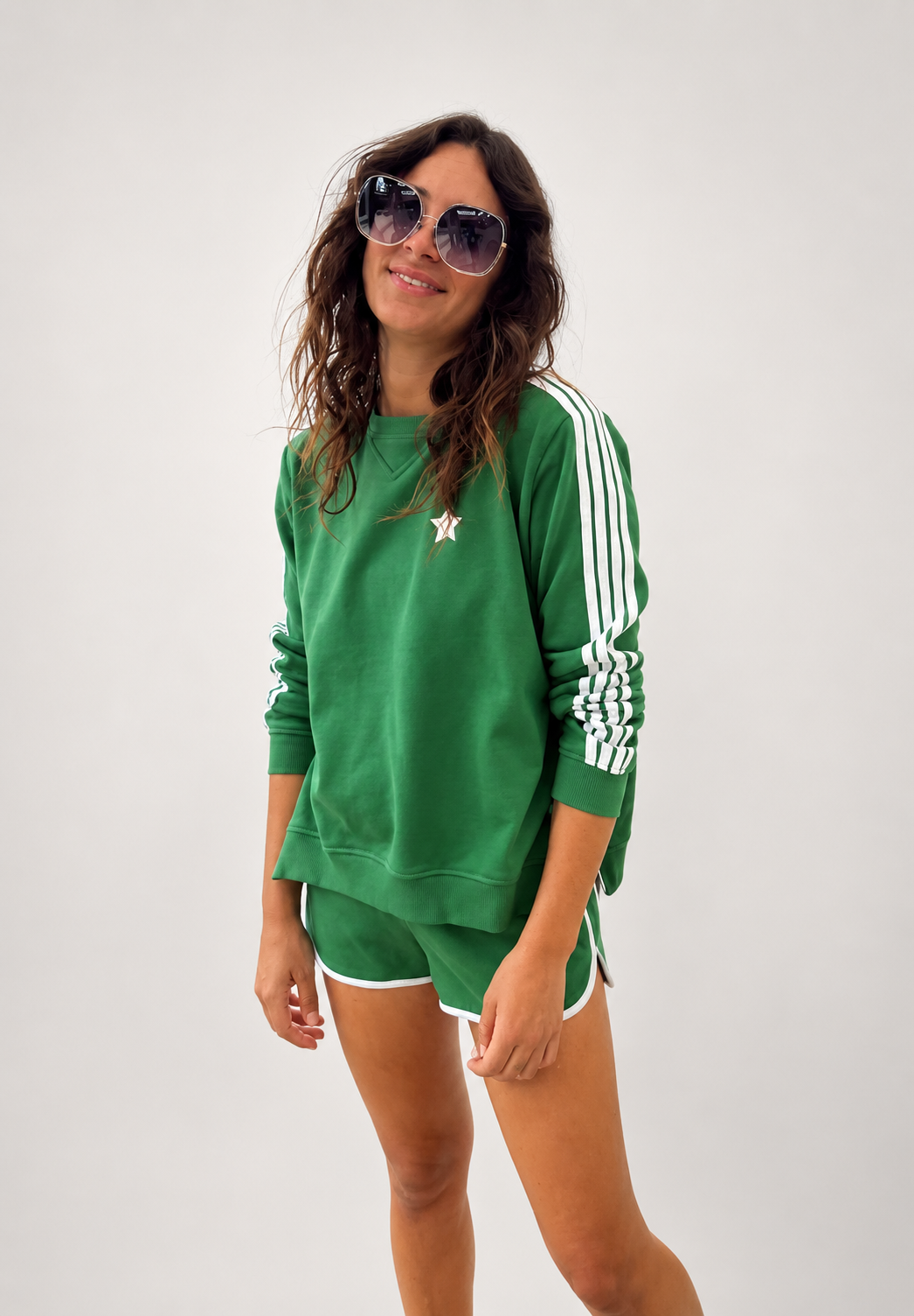 Sophie Moran Arm Stripe Sweatshirt Forrest Green/White