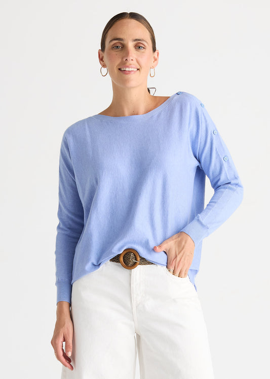 Button Boat Neck Top Bluebell