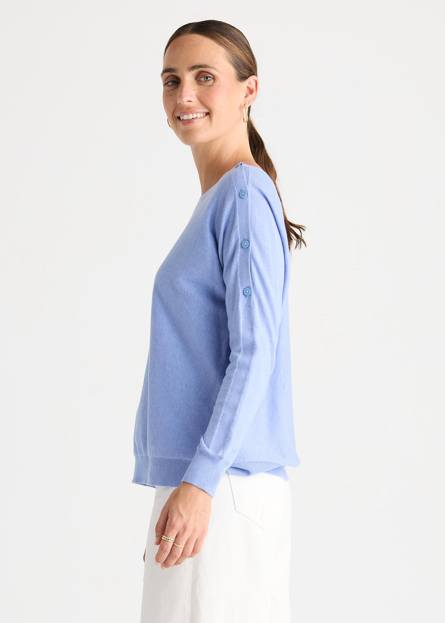 Button Boat Neck Top Bluebell