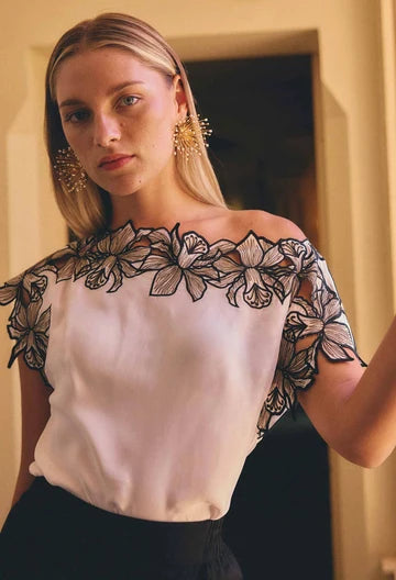 Once Was Eleanor Embroidery Detail Wide Neck Top