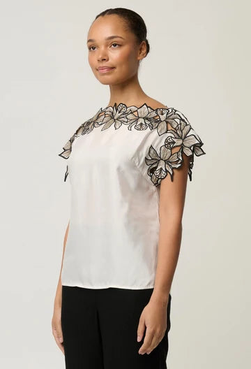 Once Was Eleanor Embroidery Detail Wide Neck Top