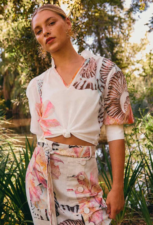 Once Was Oleander Cotton Silk Shirred Blouse