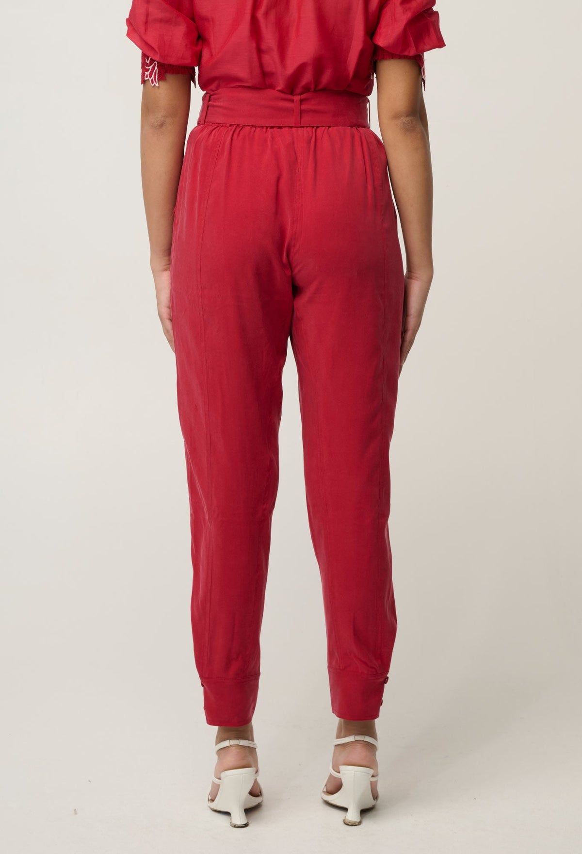 OnceWas Trinidad pant in Dahlia Red, back view