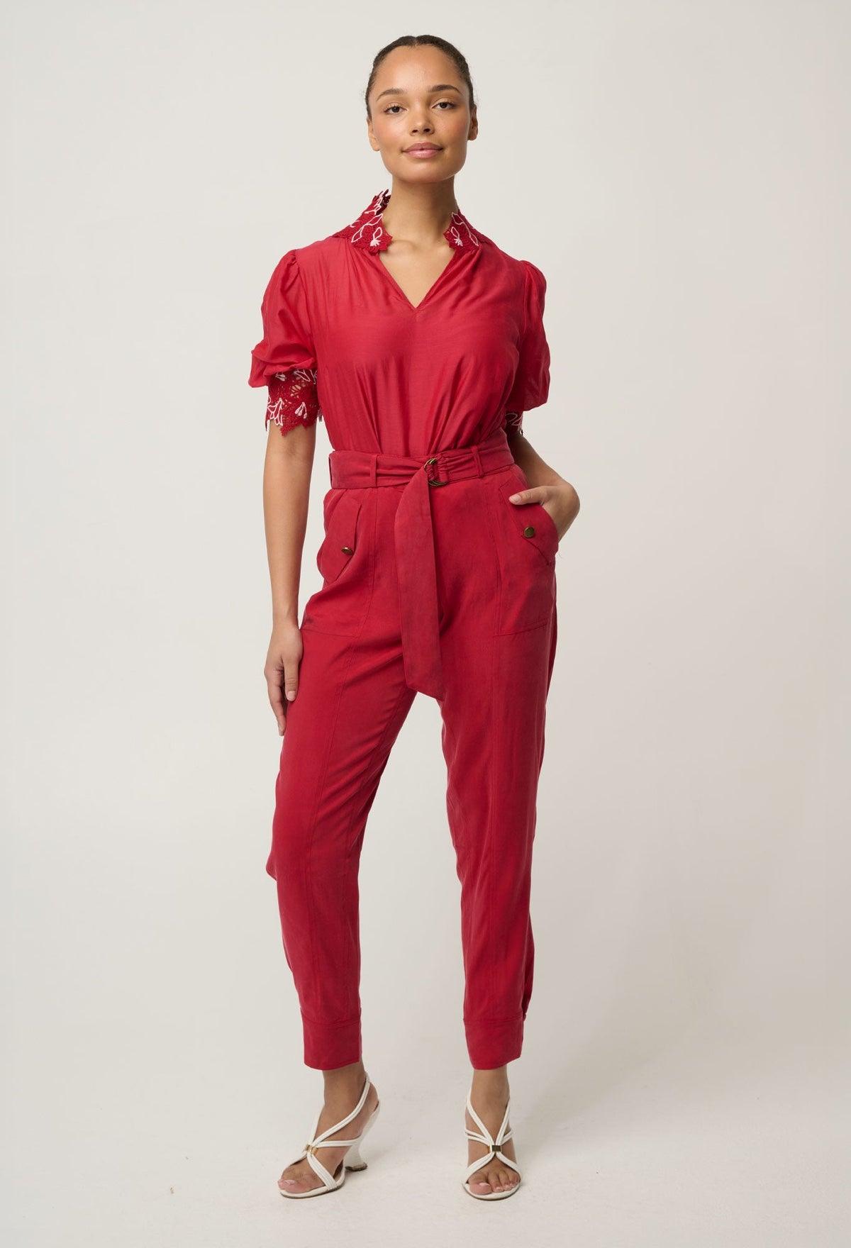 OnceWas Trinidad pant in Dahlia Red, movement view