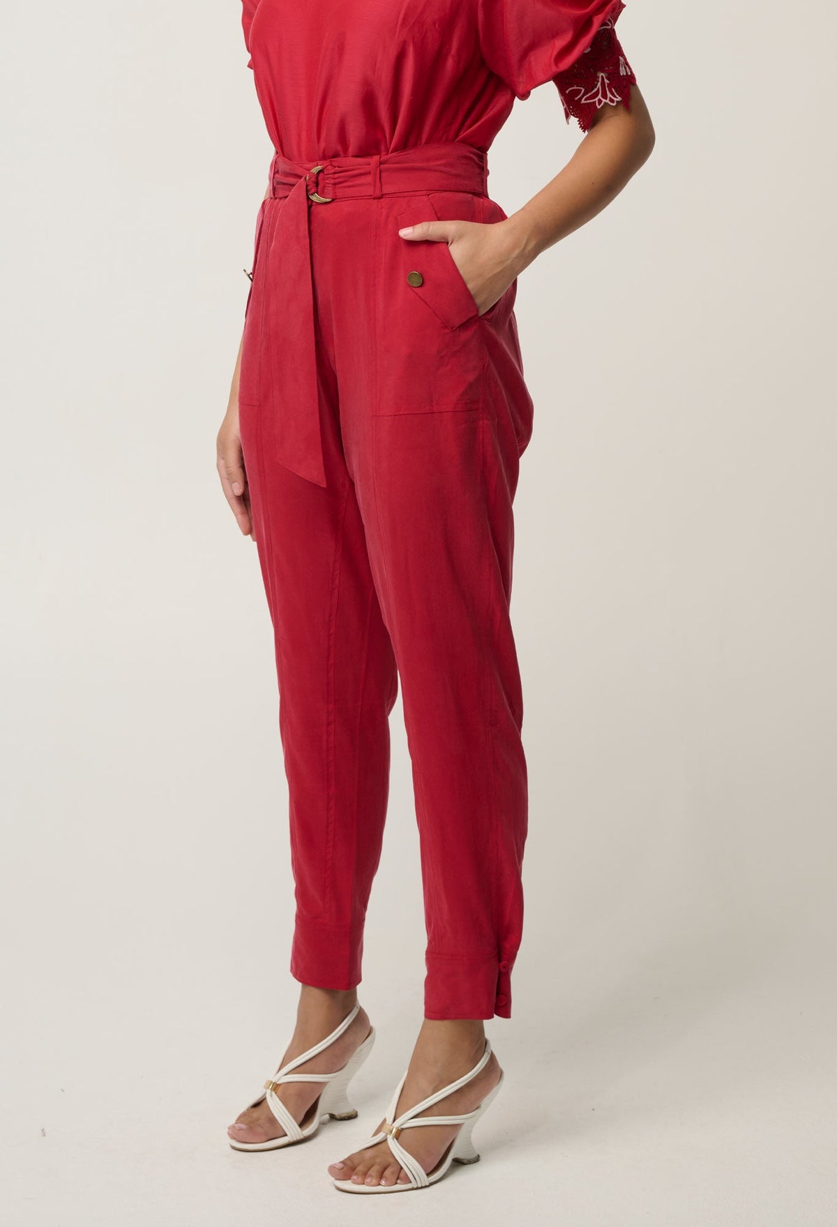 OnceWas Trinidad pant in Dahlia Red, side view
